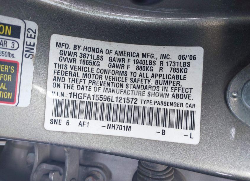 Photo 9 of 2006 Honda Civic LX (VIN 1HGFA15596L121572)