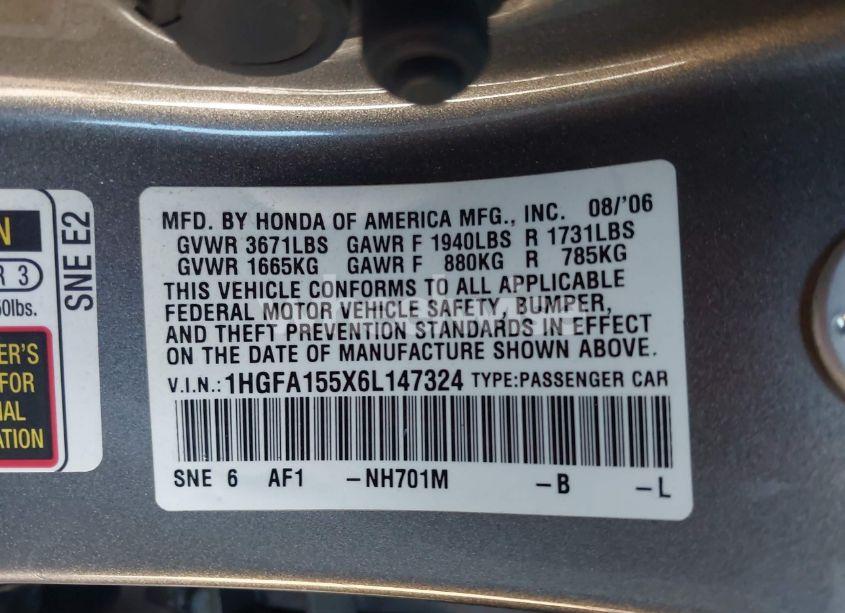 Photo 9 of 2006 Honda Civic LX (VIN 1HGFA155X6L147324)