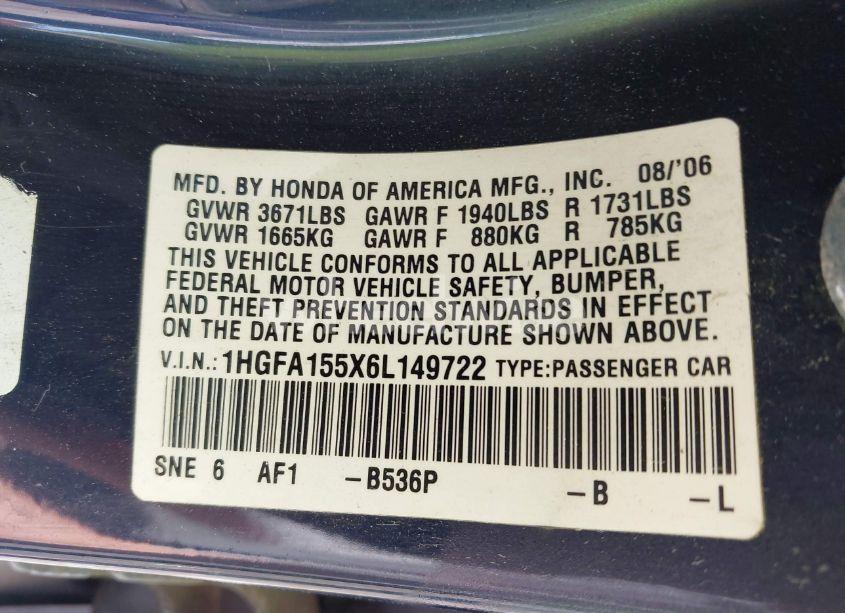 Photo 9 of 2006 Honda Civic LX (VIN 1HGFA155X6L149722)