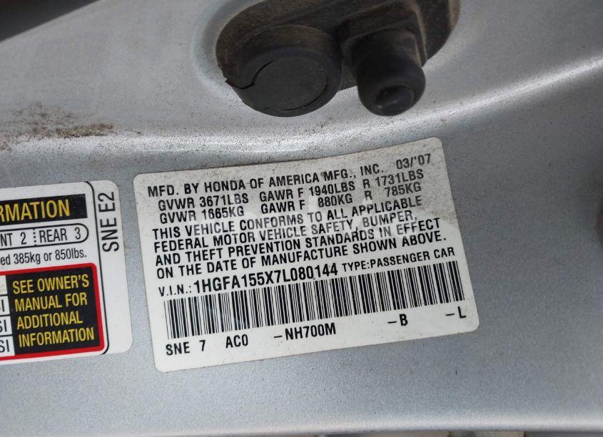 Photo 9 of 2007 Honda Civic LX (VIN 1HGFA155X7L080144)