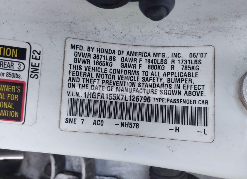 Photo 9 of 2007 Honda Civic LX (VIN 1HGFA155X7L126796)