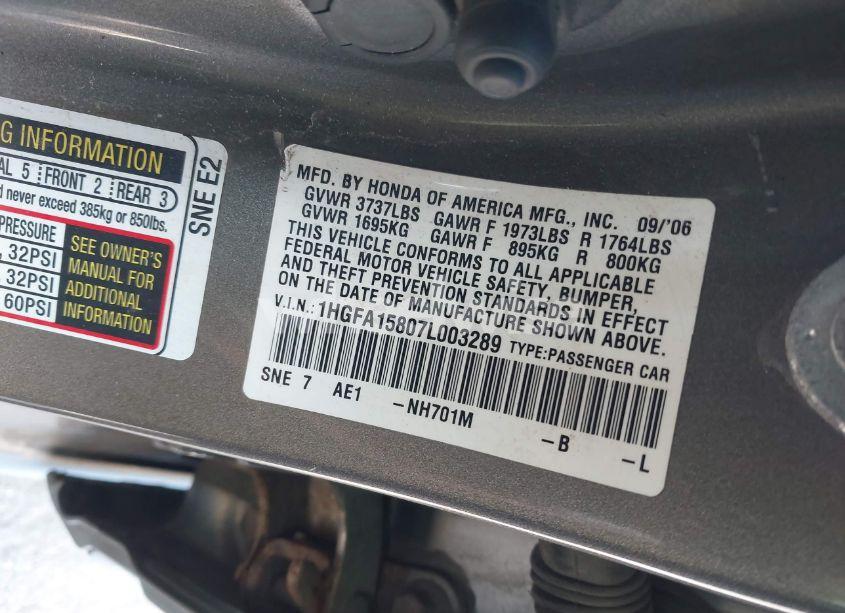 Photo 9 of 2007 Honda Civic EX (VIN 1HGFA15807L003289)