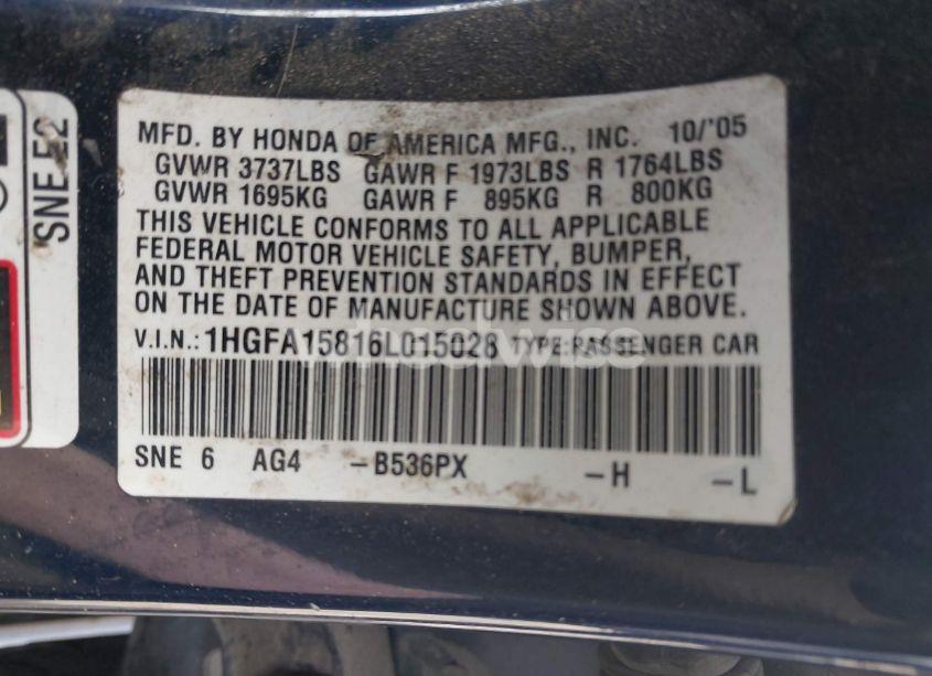 Photo 9 of 2006 Honda Civic EX (VIN 1HGFA15816L015028)