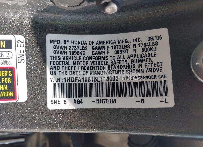 Photo 9 of 2006 Honda Civic EX (VIN 1HGFA15816L114903)