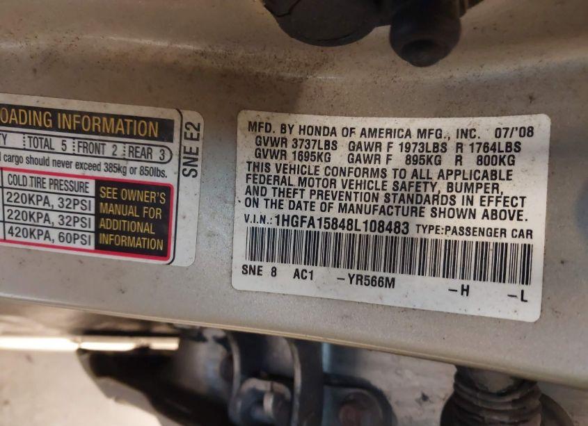 Photo 9 of 2008 Honda Civic EX (VIN 1HGFA15848L108483)