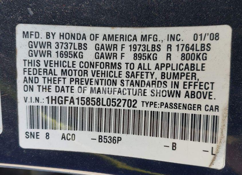 Photo 9 of 2008 Honda Civic EX (VIN 1HGFA15858L052702)