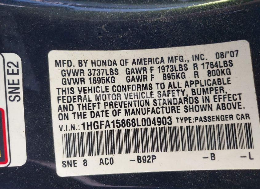 Photo 9 of 2008 Honda Civic EX (VIN 1HGFA15868L004903)