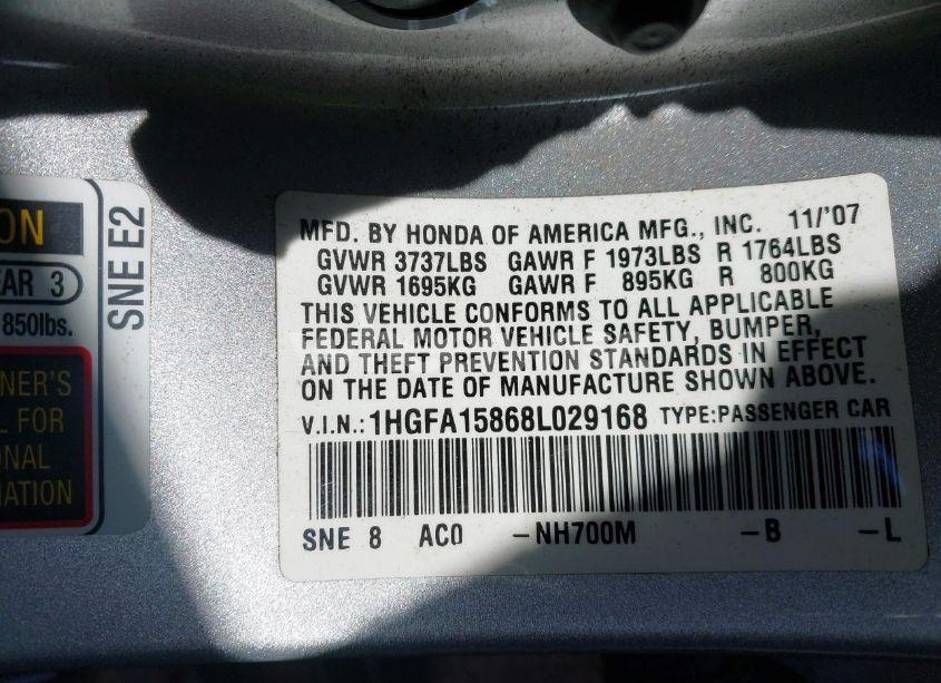 Photo 9 of 2008 Honda Civic EX (VIN 1HGFA15868L029168)
