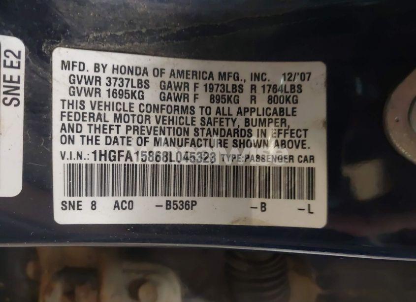 Photo 9 of 2008 Honda Civic EX (VIN 1HGFA15868L045323)