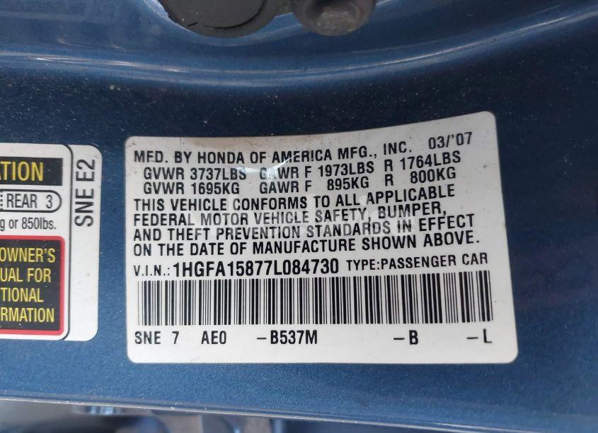 Photo 9 of 2007 Honda Civic EX (VIN 1HGFA15877L084730)