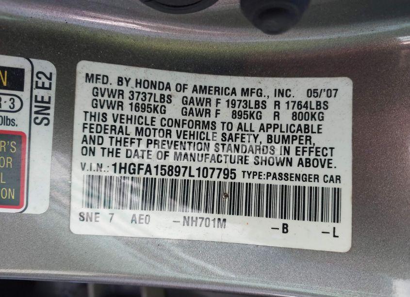 Photo 9 of 2007 Honda Civic EX (VIN 1HGFA15897L107795)