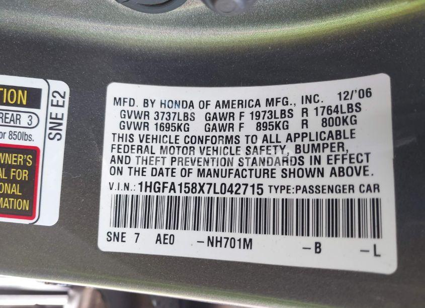Photo 9 of 2007 Honda Civic EX (VIN 1HGFA158X7L042715)