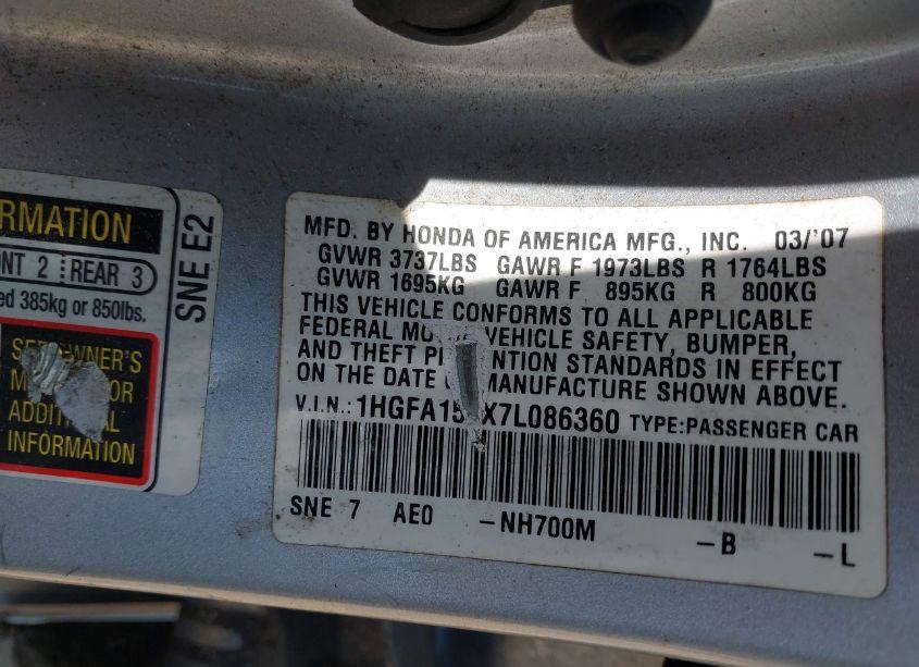 Photo 9 of 2007 Honda Civic EX (VIN 1HGFA158X7L086360)