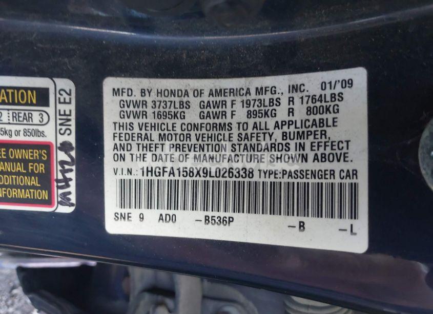 Photo 9 of 2009 Honda Civic EX (VIN 1HGFA158X9L026338)
