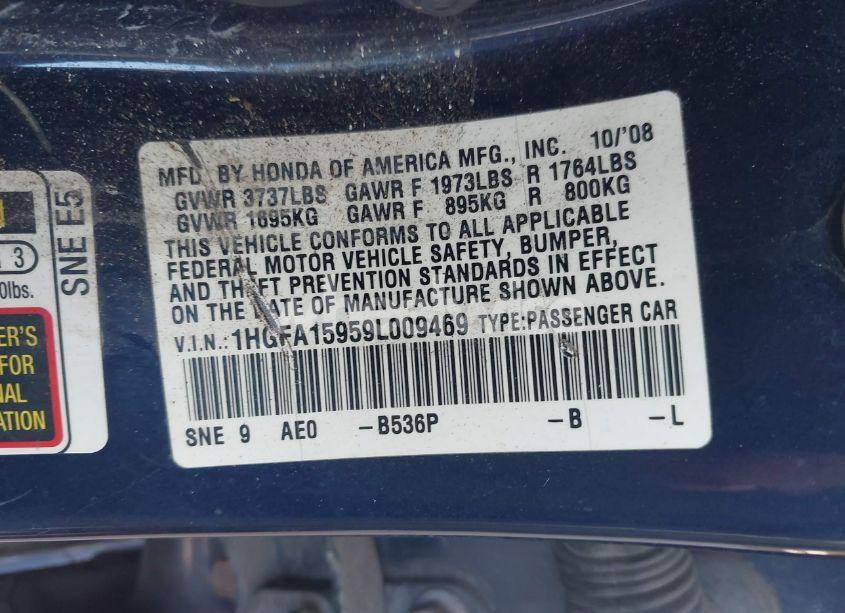 Photo 9 of 2009 Honda Civic EX-L (VIN 1HGFA15959L009469)