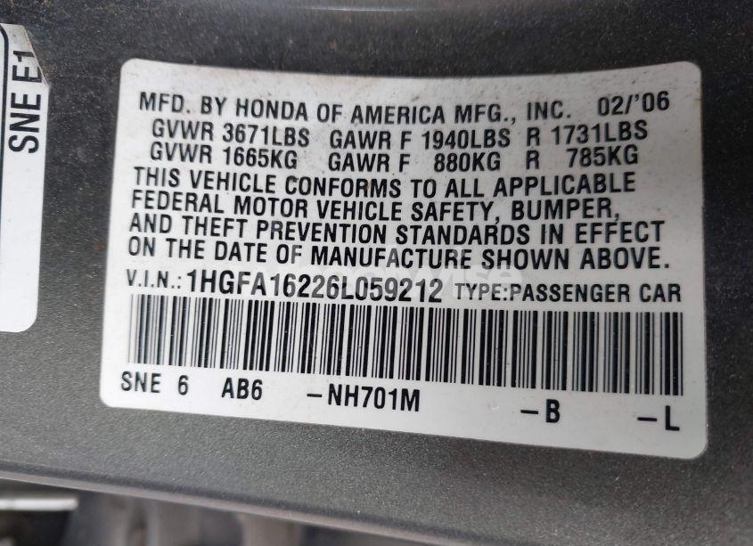 Photo 9 of 2006 Honda Civic DX (VIN 1HGFA16226L059212)