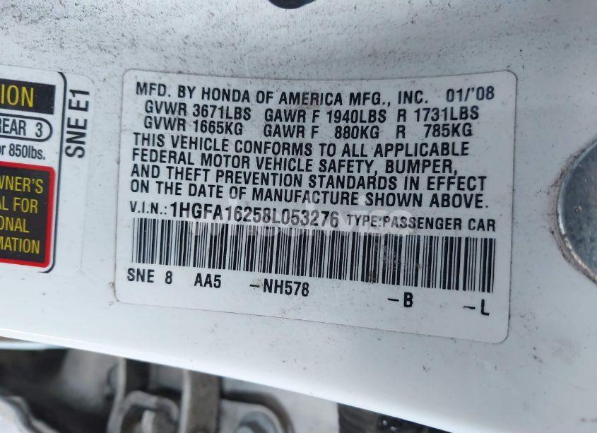 Photo 9 of 2008 Honda Civic DX (VIN 1HGFA16258L053276)