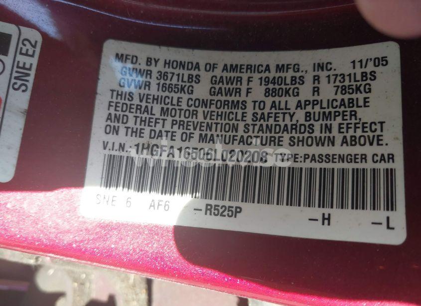 Photo 9 of 2006 Honda Civic LX (VIN 1HGFA16506L020208)