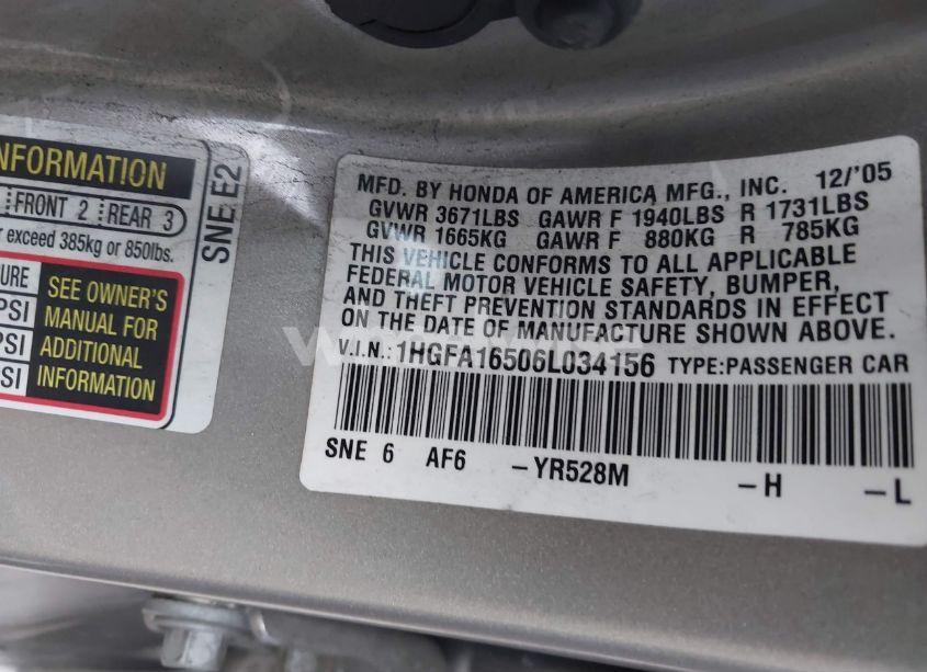 Photo 9 of 2006 Honda Civic LX (VIN 1HGFA16506L034156)