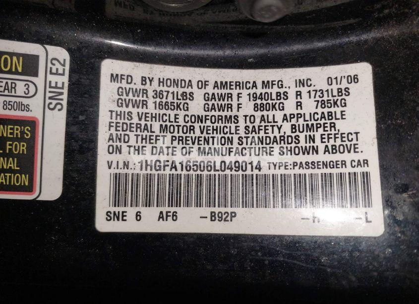 Photo 9 of 2006 Honda Civic LX (VIN 1HGFA16506L049014)