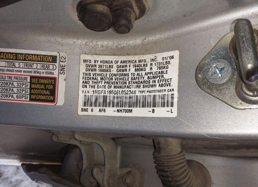Photo 9 of 2006 Honda Civic LX (VIN 1HGFA16506L052348)
