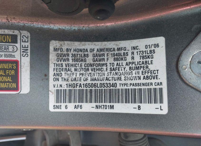 Photo 9 of 2006 Honda Civic LX (VIN 1HGFA16506L053340)