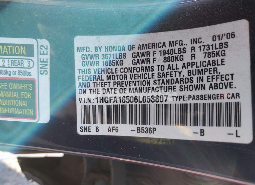 Photo 9 of 2006 Honda Civic LX (VIN 1HGFA16506L053807)
