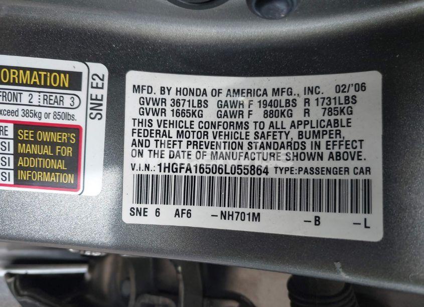 Photo 9 of 2006 Honda Civic LX (VIN 1HGFA16506L055864)