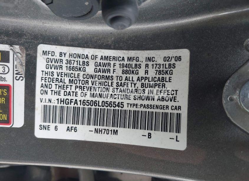 Photo 9 of 2006 Honda Civic LX (VIN 1HGFA16506L056545)