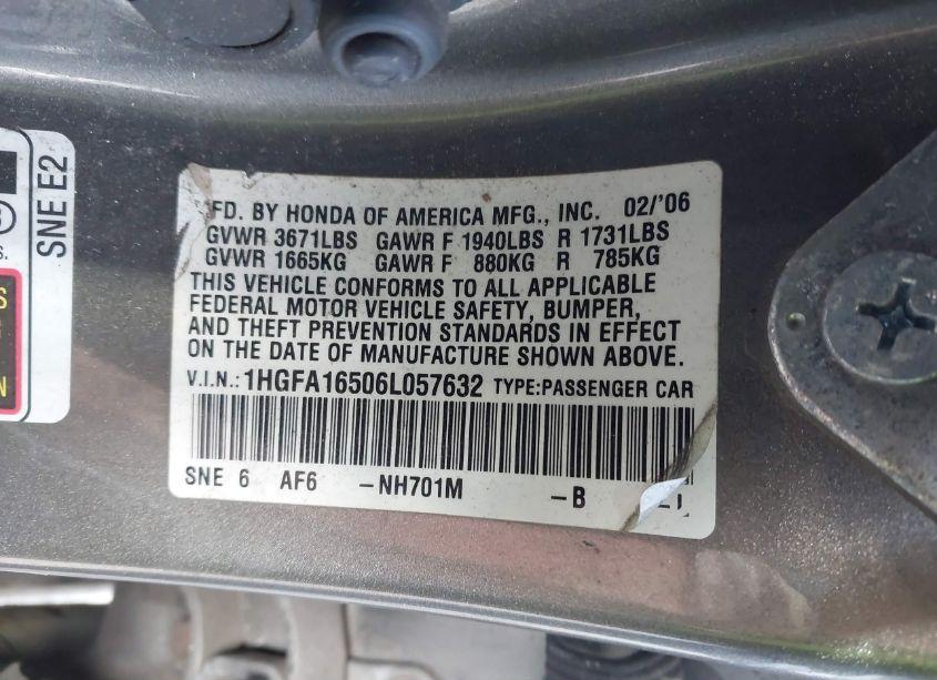 Photo 9 of 2006 Honda Civic LX (VIN 1HGFA16506L057632)