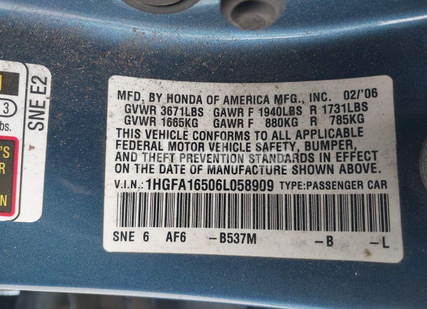 Photo 9 of 2006 Honda Civic LX (VIN 1HGFA16506L058909)