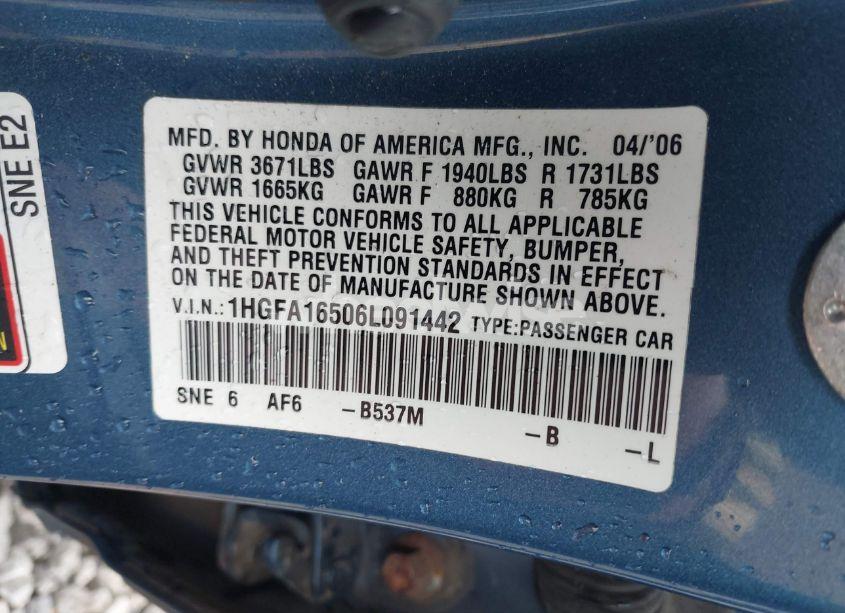 Photo 9 of 2006 Honda Civic LX (VIN 1HGFA16506L091442)
