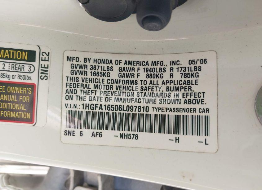 Photo 9 of 2006 Honda Civic LX (VIN 1HGFA16506L097810)