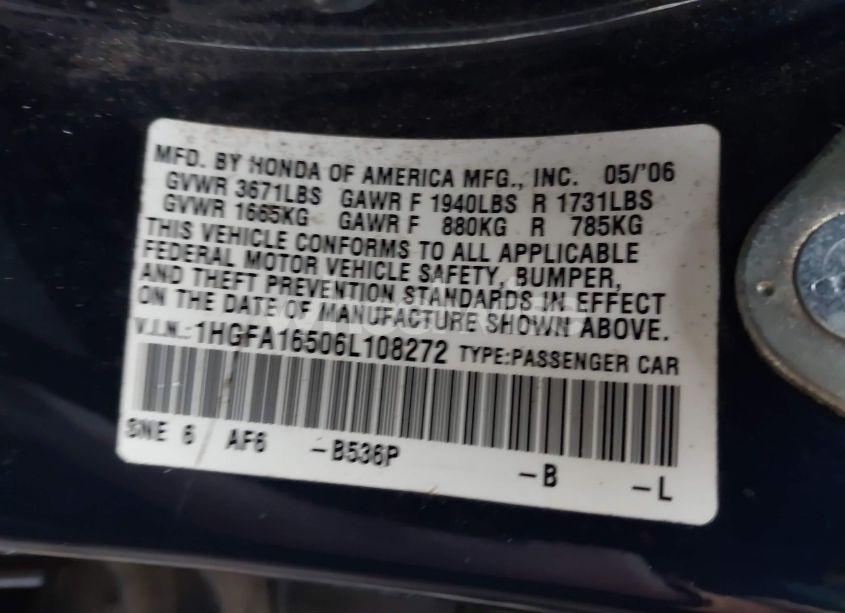 Photo 9 of 2006 Honda Civic LX (VIN 1HGFA16506L108272)