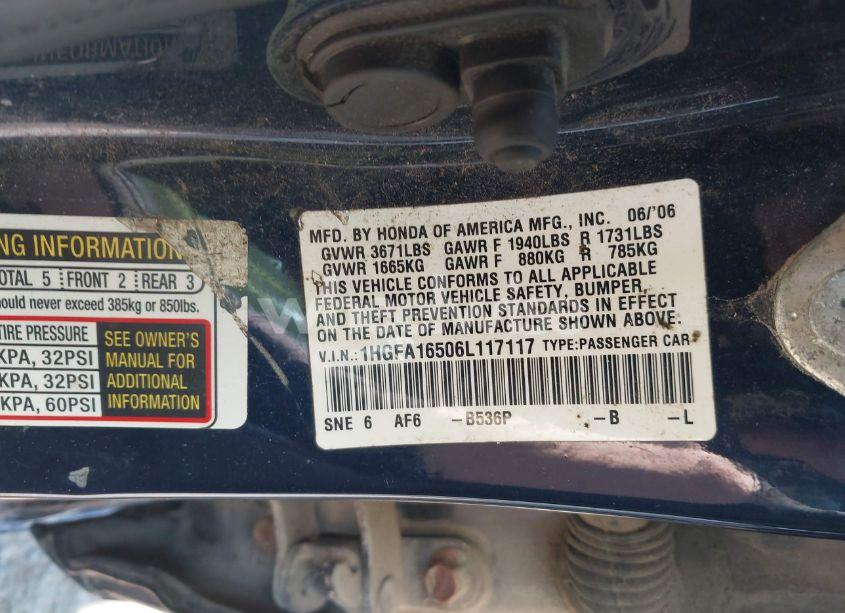 Photo 9 of 2006 Honda Civic LX (VIN 1HGFA16506L117117)