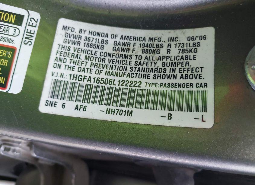 Photo 9 of 2006 Honda Civic LX (VIN 1HGFA16506L122222)