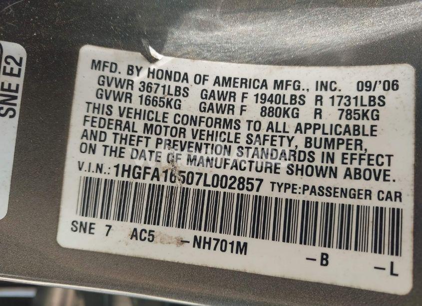 Photo 9 of 2007 Honda Civic LX (VIN 1HGFA16507L002857)