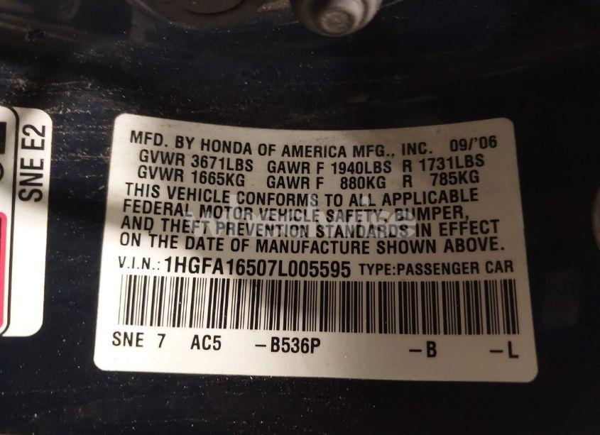 Photo 9 of 2007 Honda Civic LX (VIN 1HGFA16507L005595)