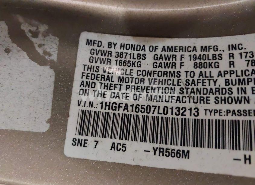 Photo 9 of 2007 Honda Civic LX (VIN 1HGFA16507L013213)