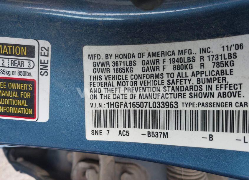 Photo 9 of 2007 Honda Civic LX (VIN 1HGFA16507L033963)