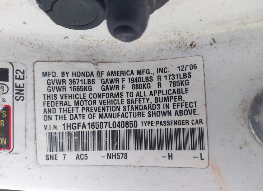 Photo 9 of 2007 Honda Civic LX (VIN 1HGFA16507L040850)