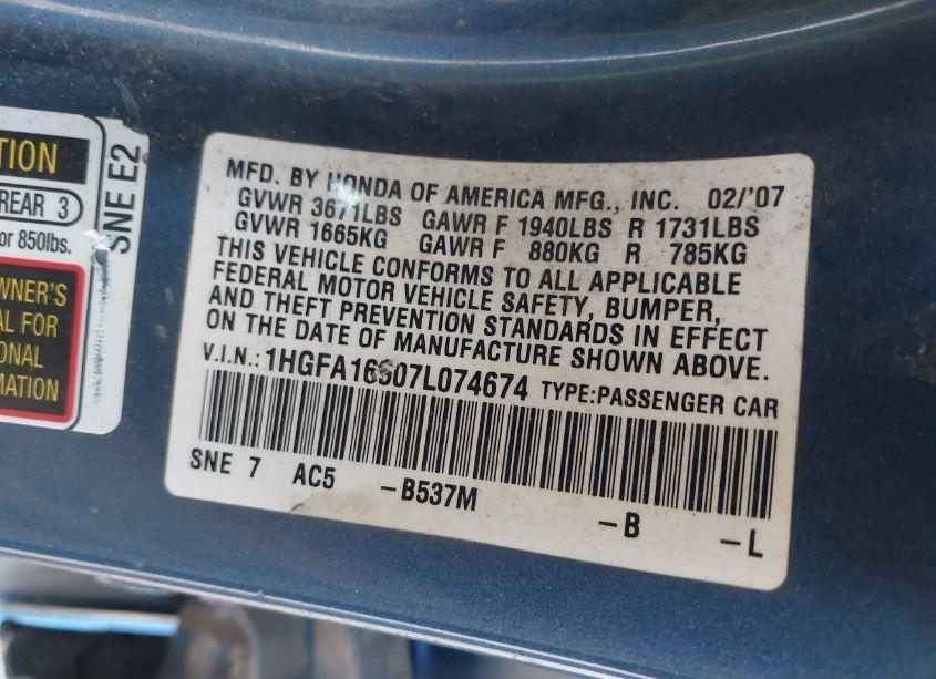 Photo 9 of 2007 Honda Civic LX (VIN 1HGFA16507L074674)