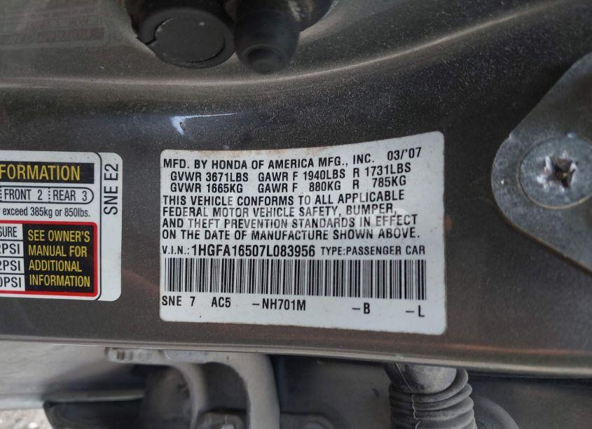 Photo 9 of 2007 Honda Civic LX (VIN 1HGFA16507L083956)