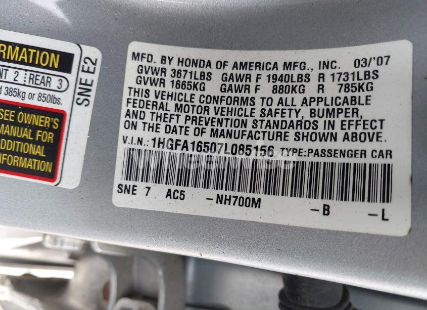 Photo 9 of 2007 Honda Civic LX (VIN 1HGFA16507L085156)