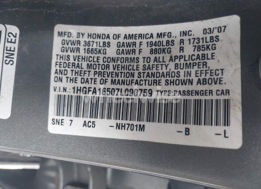 Photo 9 of 2007 Honda Civic LX (VIN 1HGFA16507L090759)