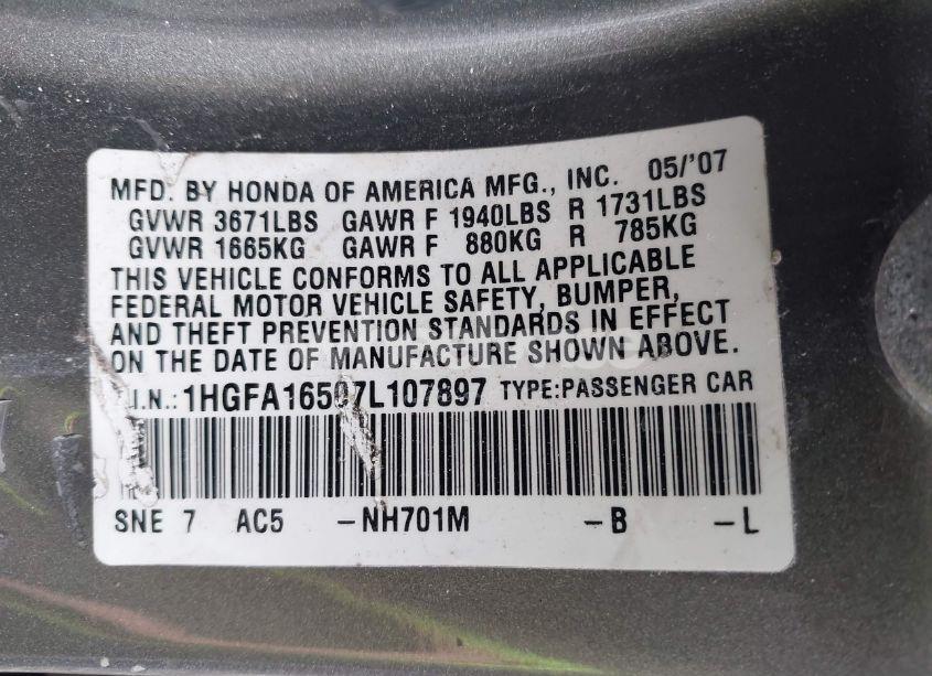 Photo 9 of 2007 Honda Civic LX (VIN 1HGFA16507L107897)