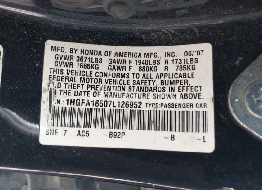 Photo 9 of 2007 Honda Civic LX (VIN 1HGFA16507L126952)