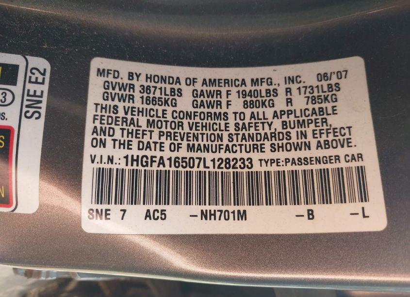 Photo 9 of 2007 Honda Civic LX (VIN 1HGFA16507L128233)