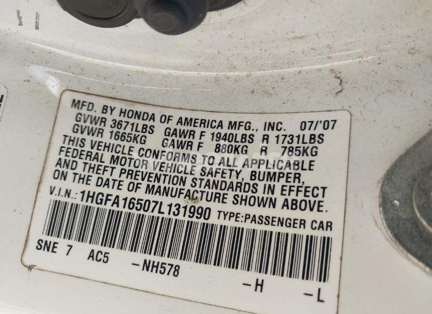 Photo 9 of 2007 Honda Civic LX (VIN 1HGFA16507L131990)