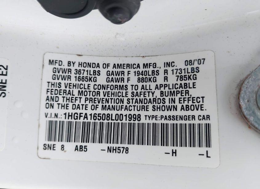 Photo 9 of 2008 Honda Civic LX (VIN 1HGFA16508L001998)